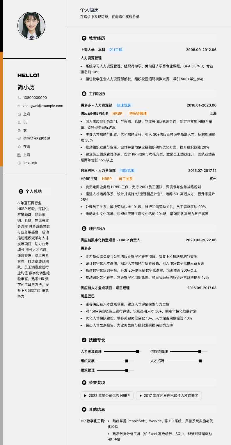 供应链hrbp经理简历模板