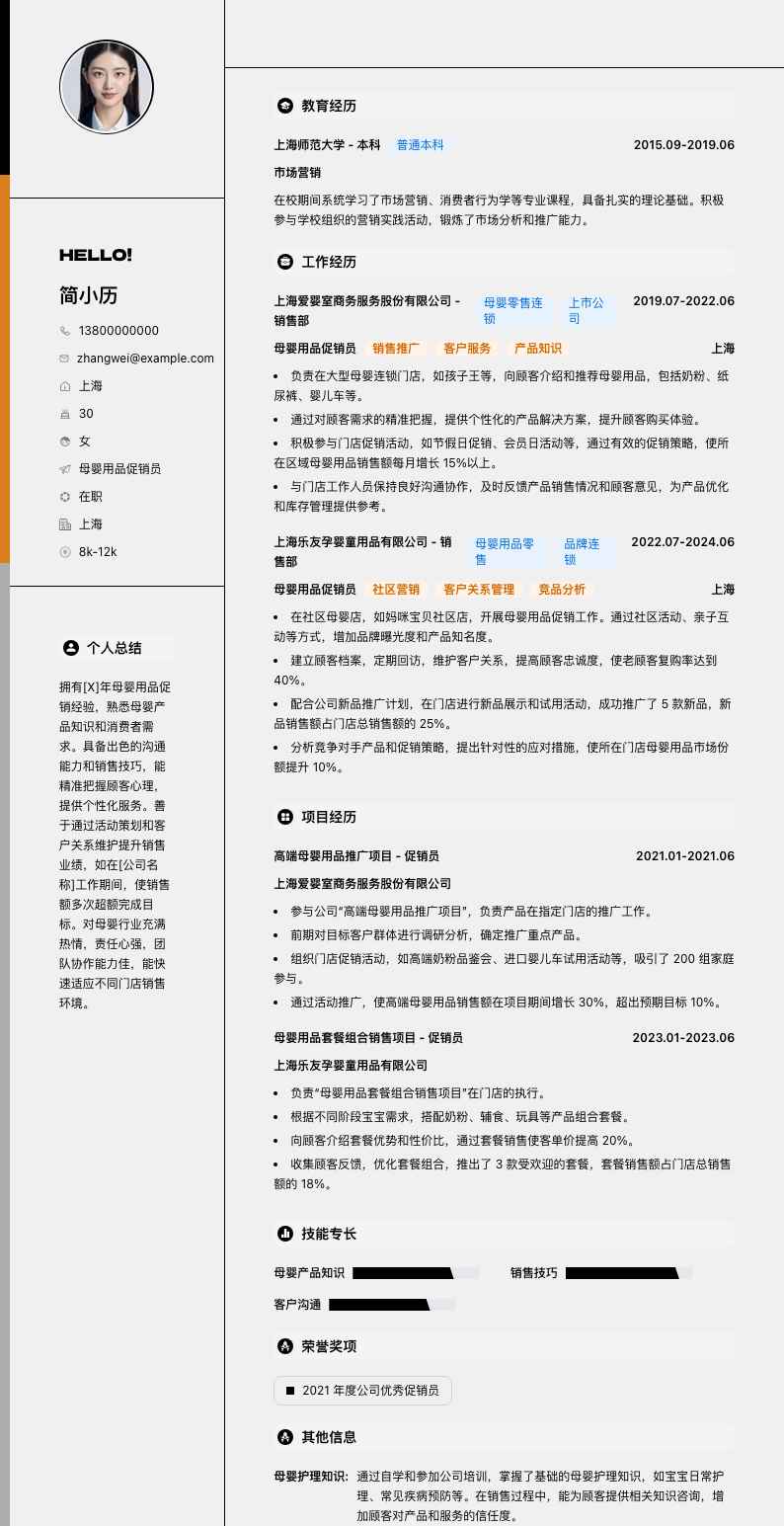 母婴用品促销员简历模板