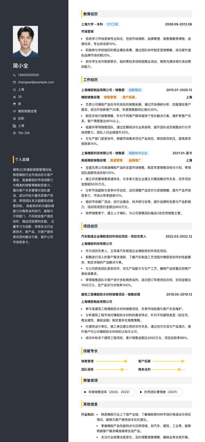 橡胶销售经理简历模板