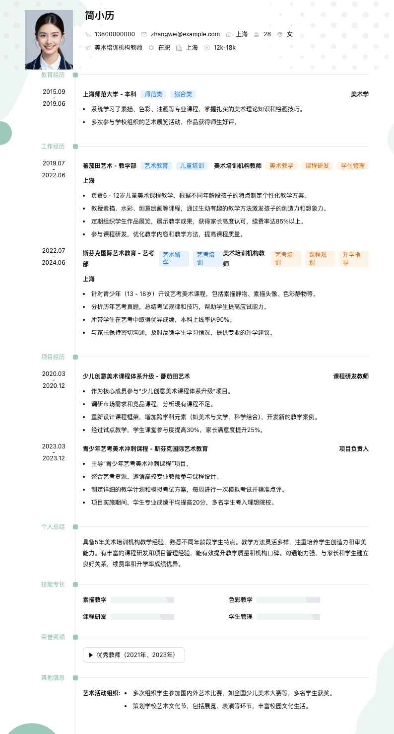 美术培训机构教师简历模板