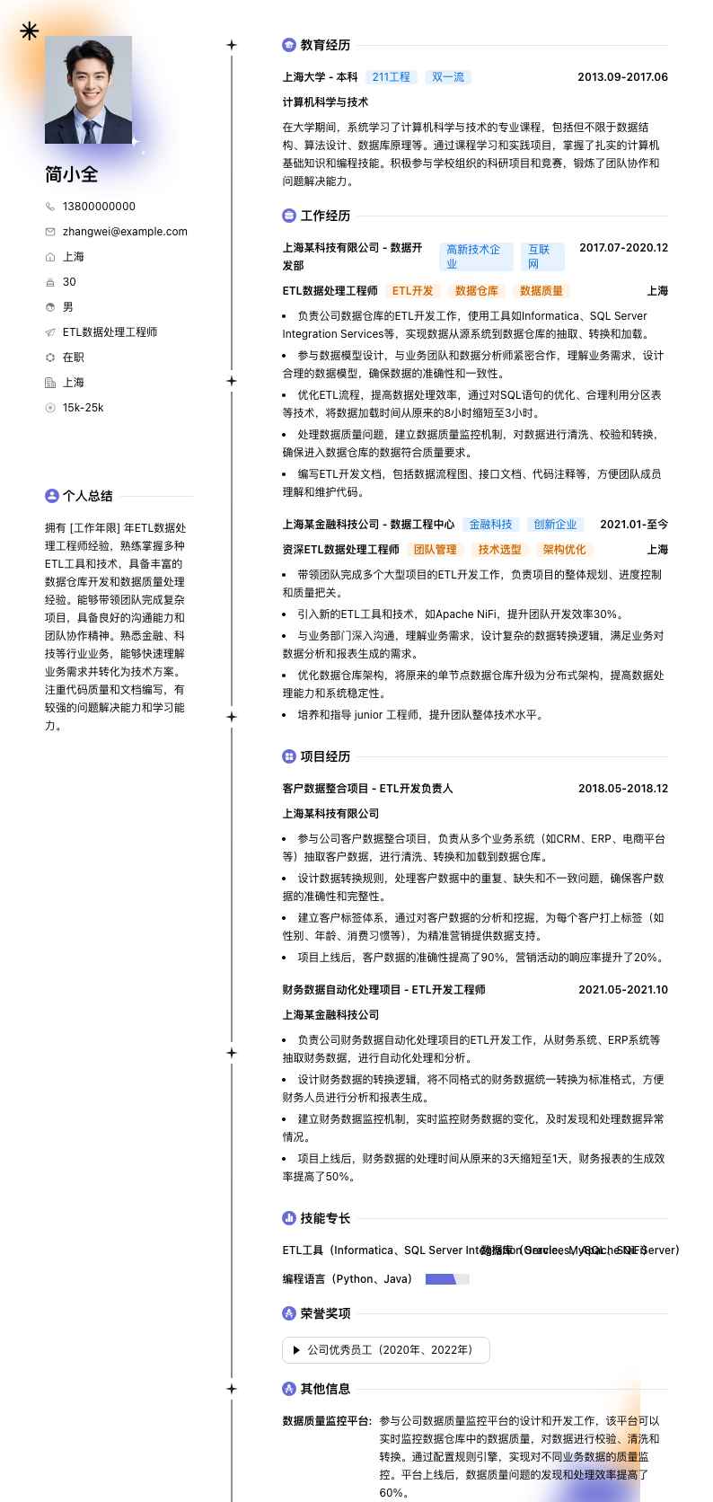 ETL数据处理工程师简历模板