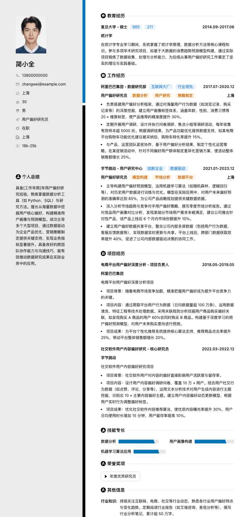 用户偏好研究员简历模板