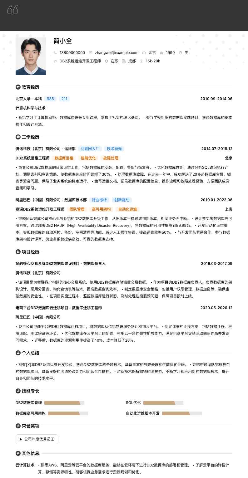 DB2系统运维简历模板