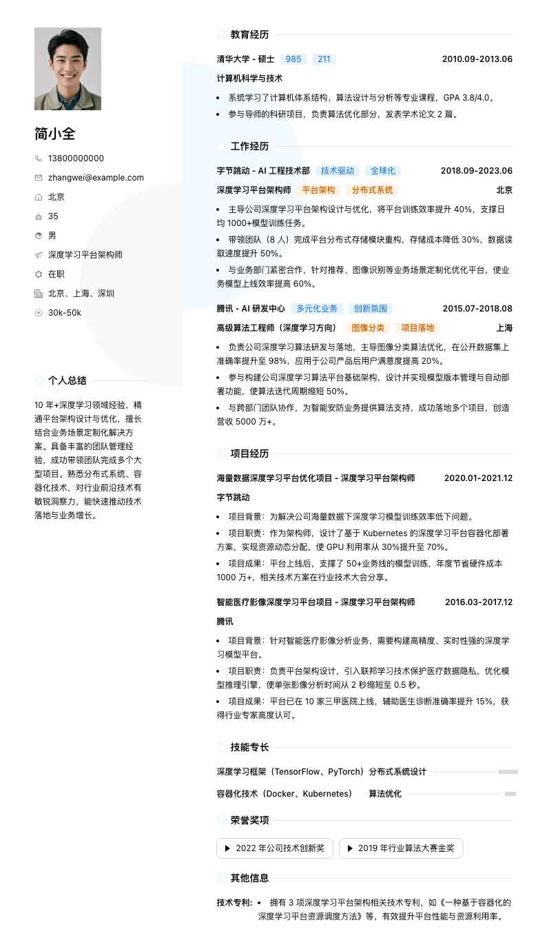 深度学习平台架构师简历模板