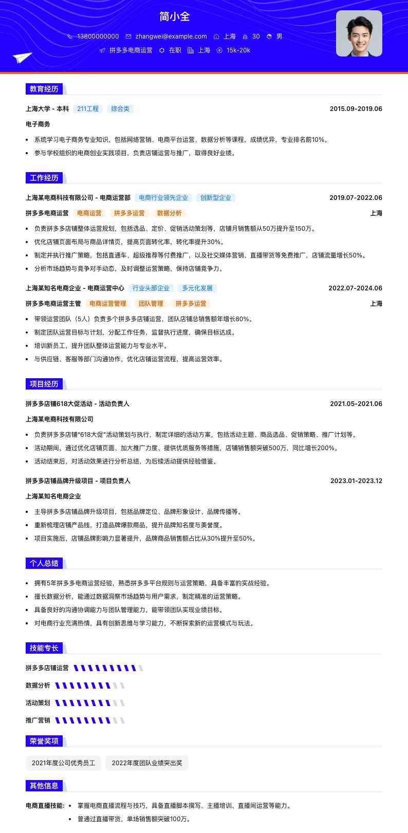 拼多多电商运营简历模板