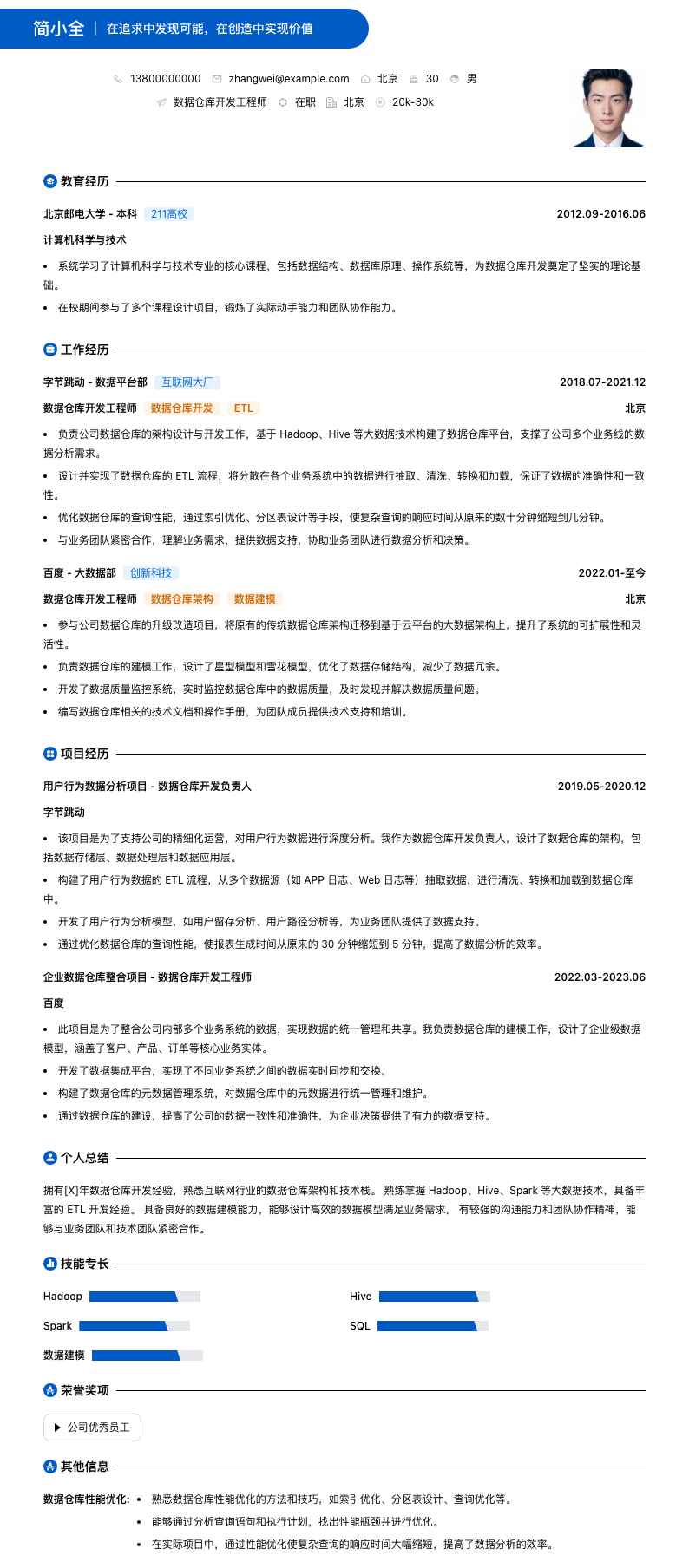 数据仓库简历模板