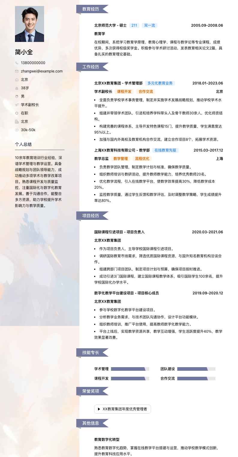 学术副校长简历模板