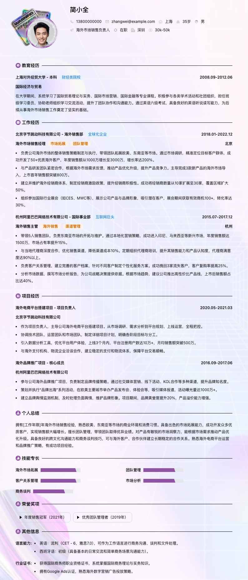 海外市场销售负责人简历模板