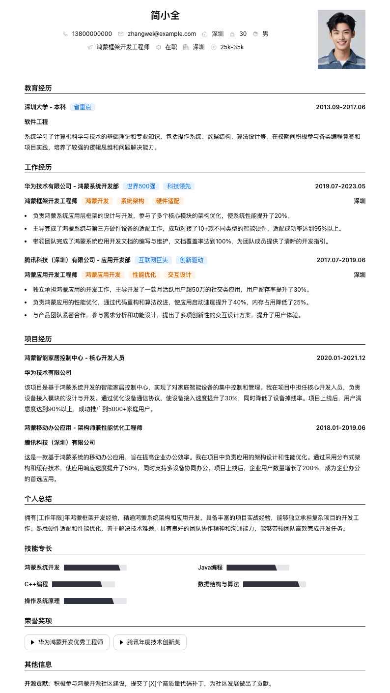 鸿蒙框架开发工程师简历模板