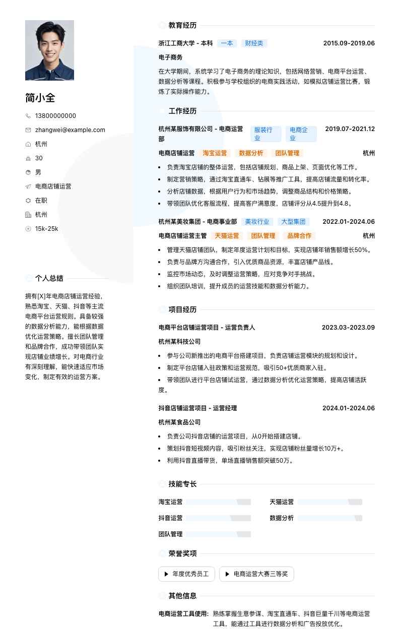 电商店铺运营简历模板