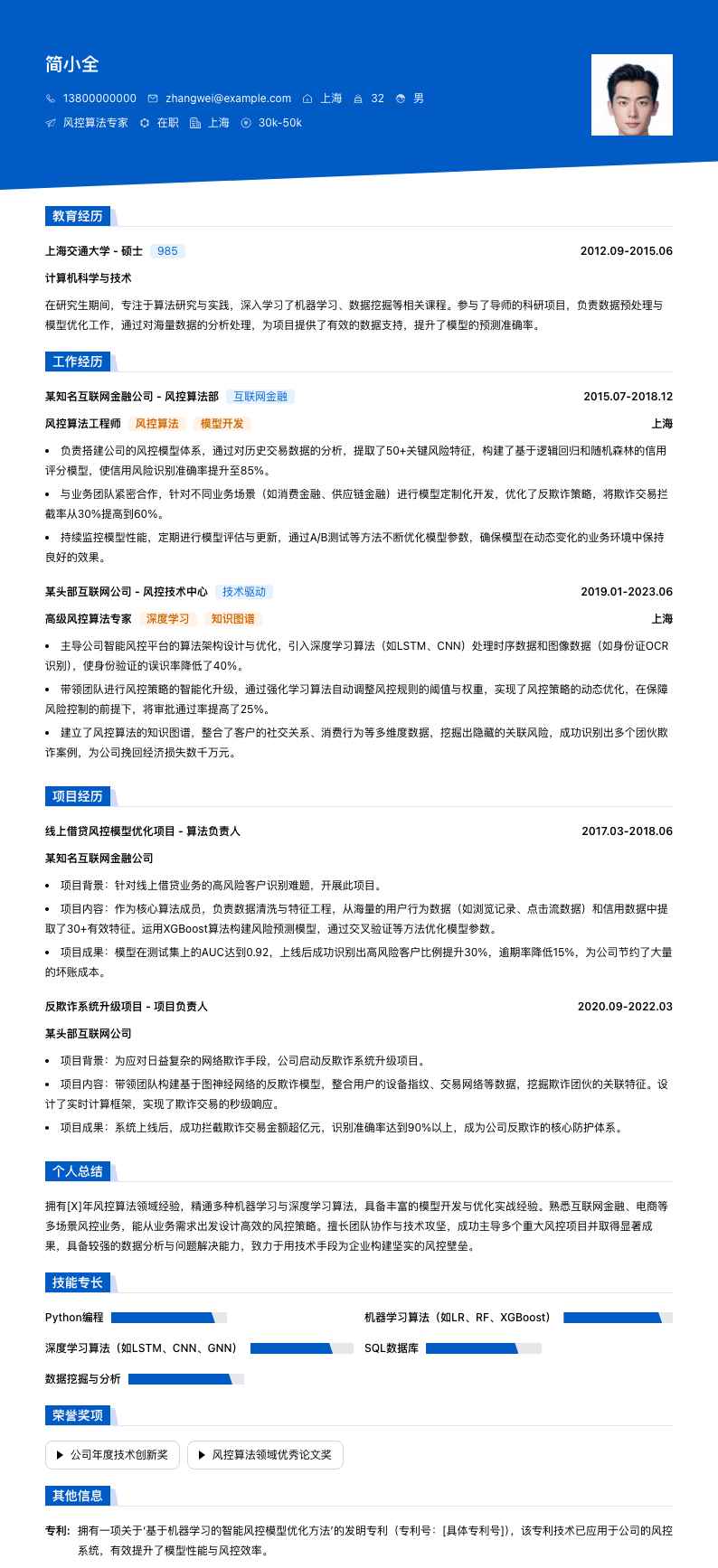 风控算法专家简历模板
