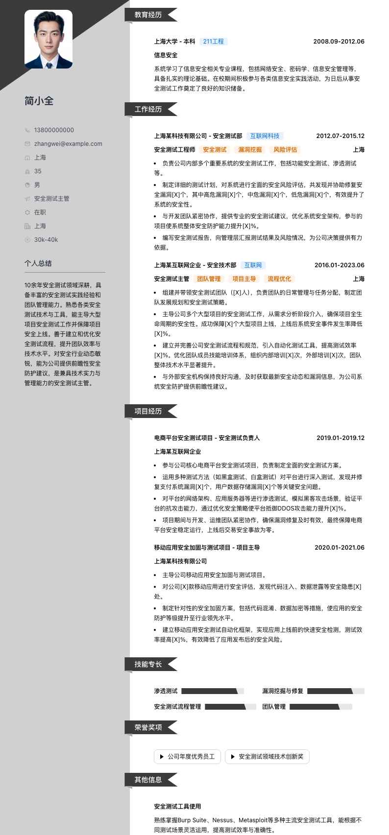 安全测试主管简历模板