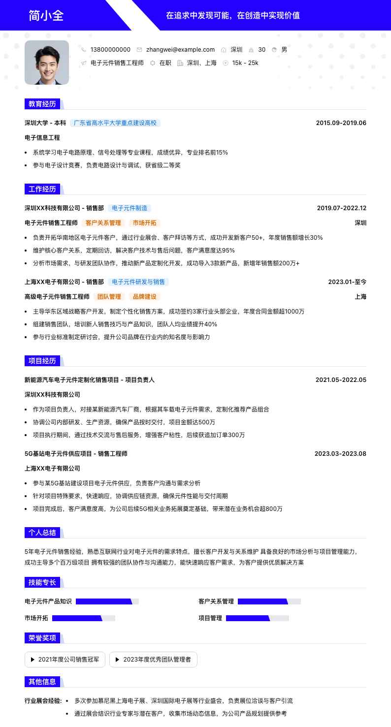 电子元件销售工程师简历模板