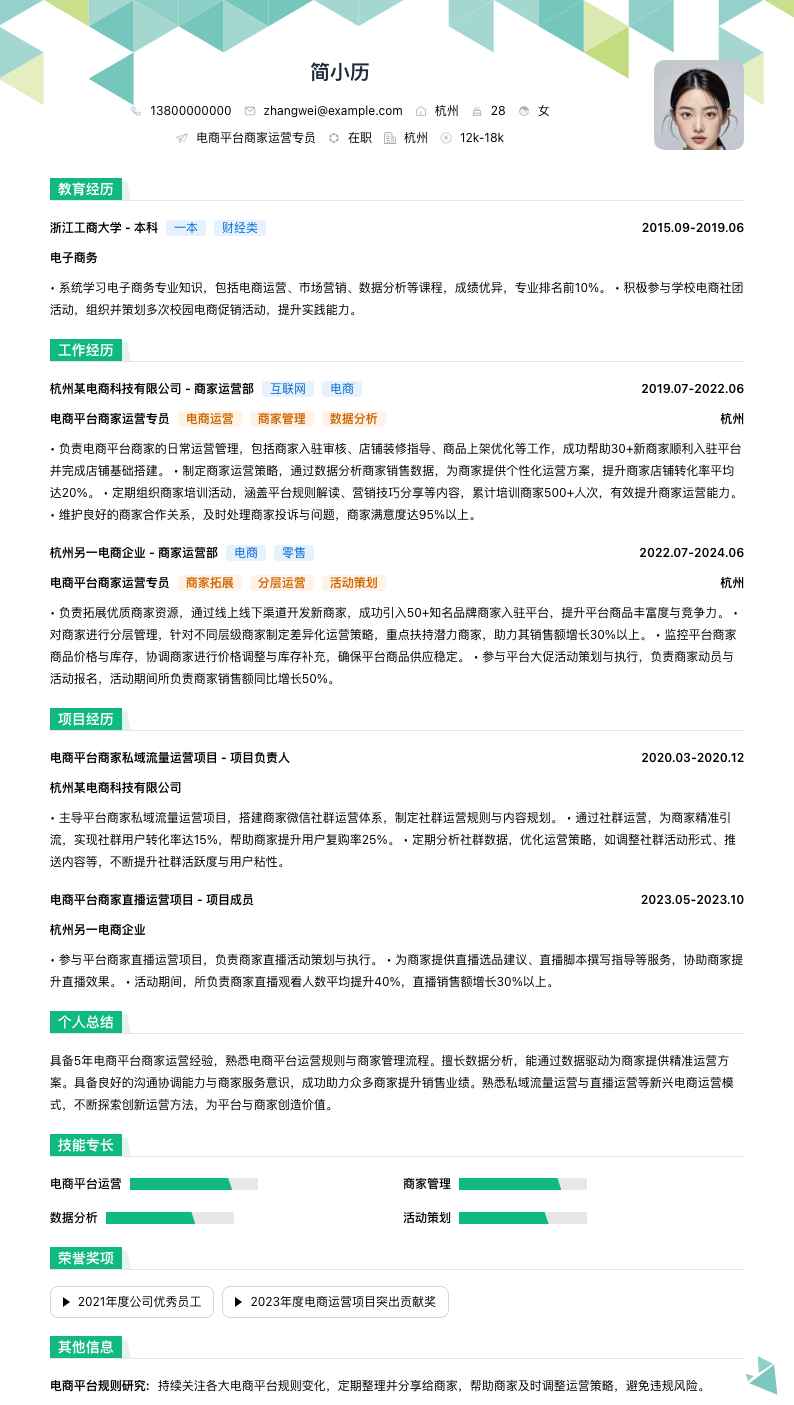 电商平台商家运营专员简历模板