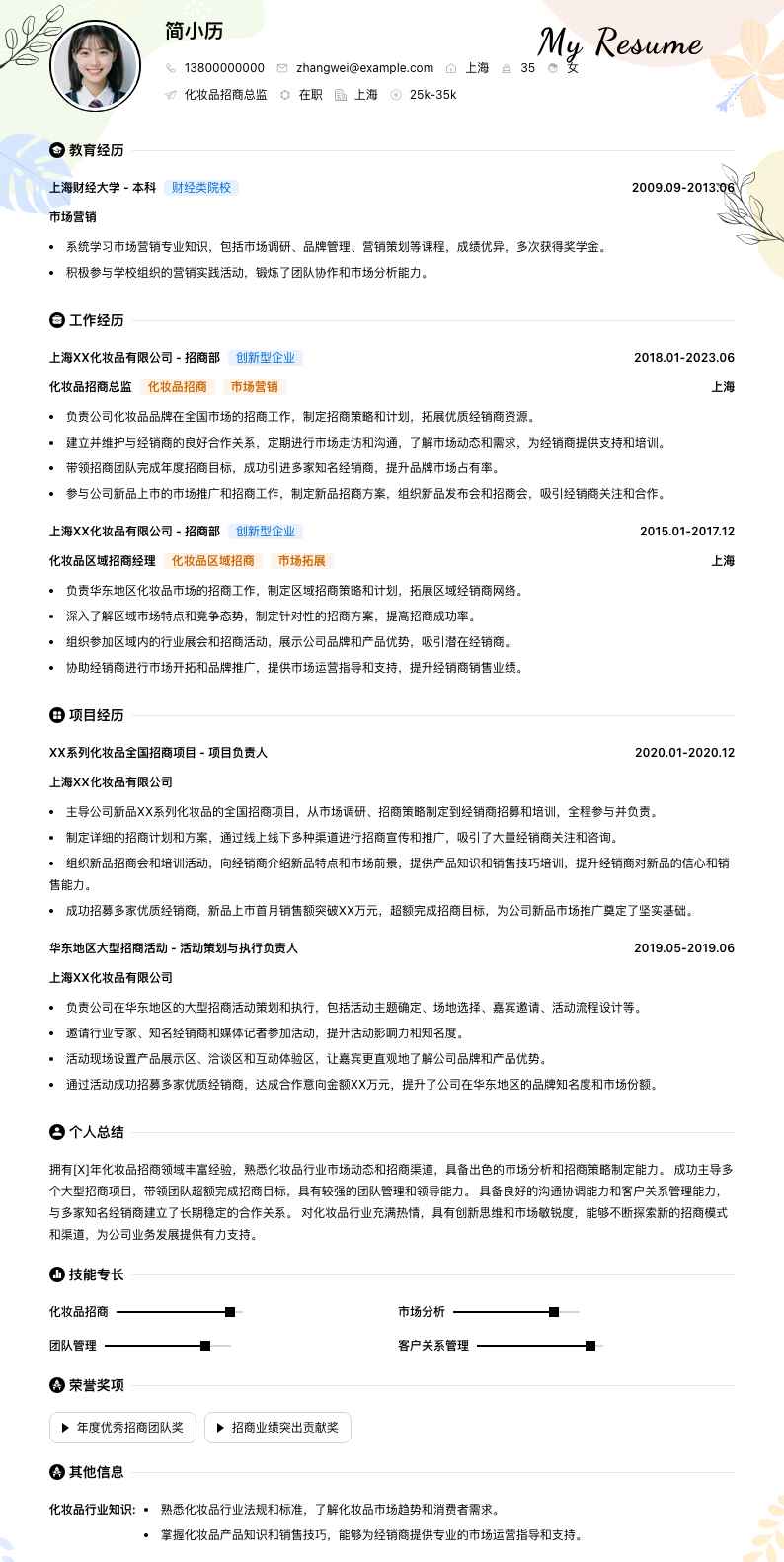 化妆品招商总监简历模板