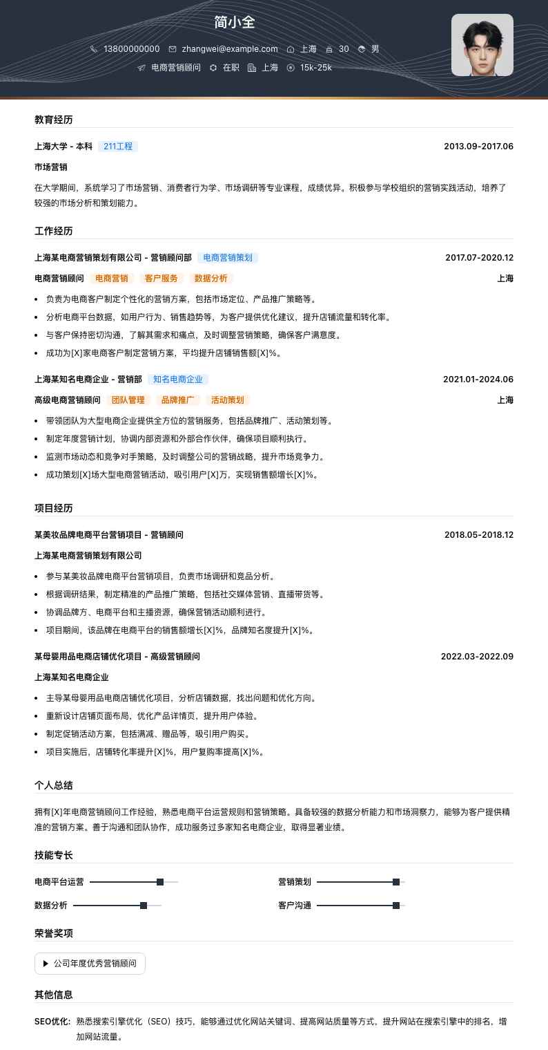 电商营销顾问简历模板