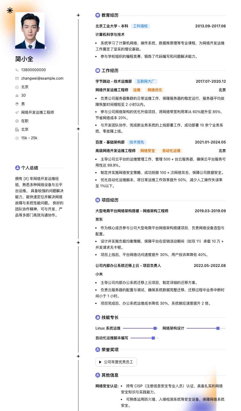 网络开发运维工程师简历模板