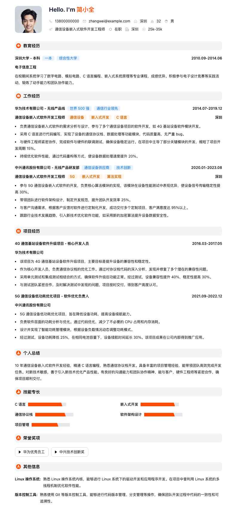 通信设备嵌入式软件开发工程师简历模板