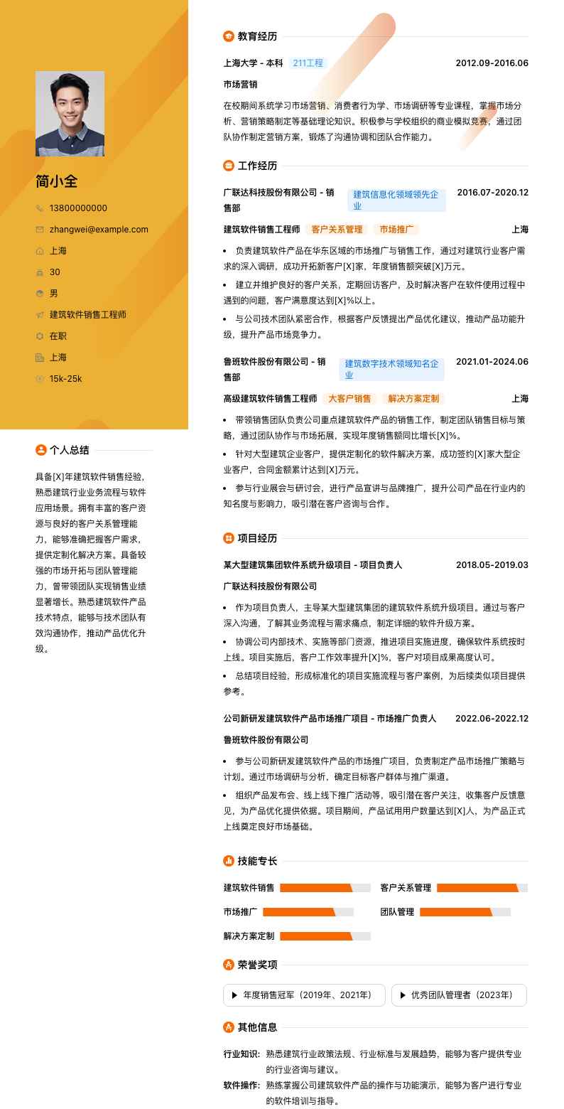 建筑软件销售工程师简历模板