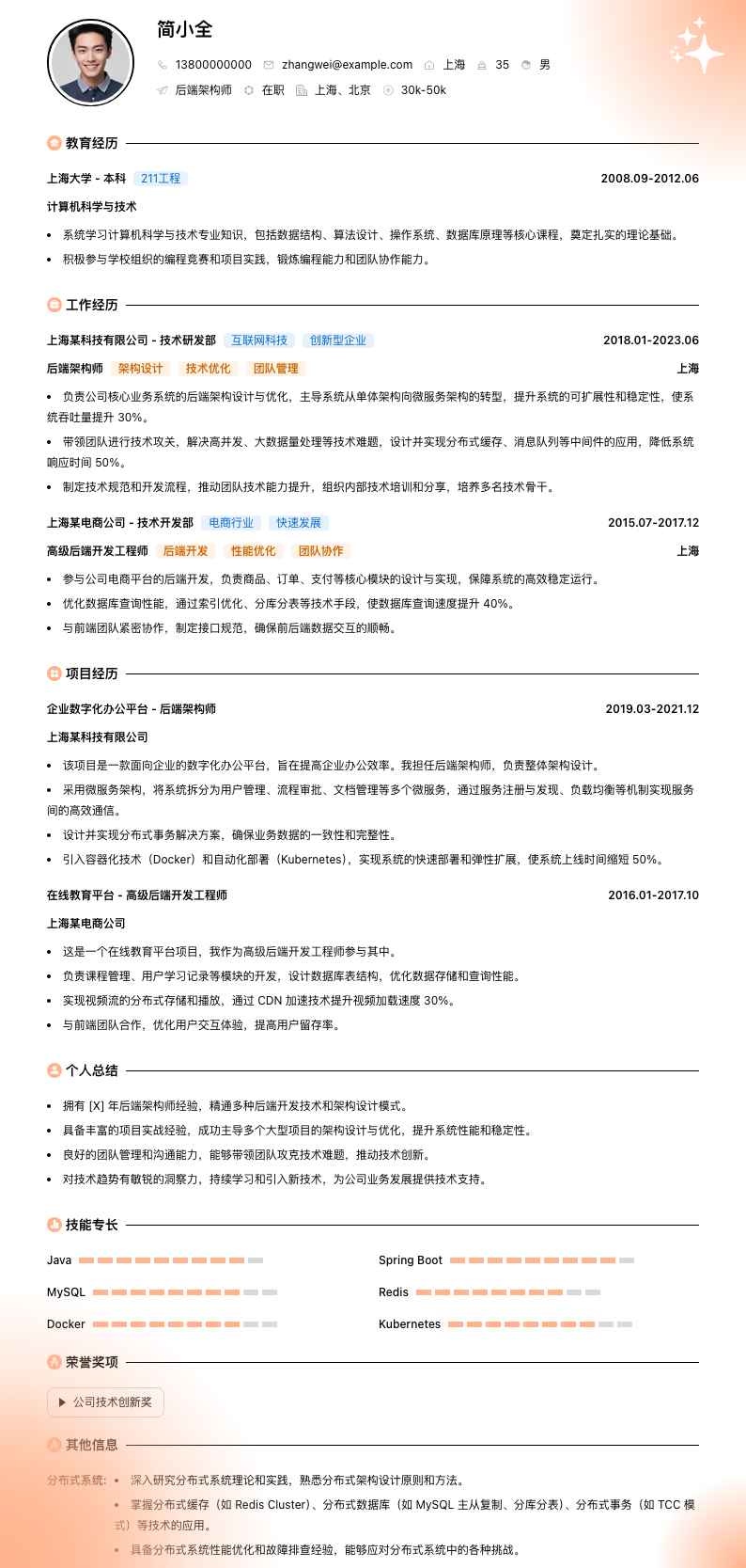 后端架构师简历模板