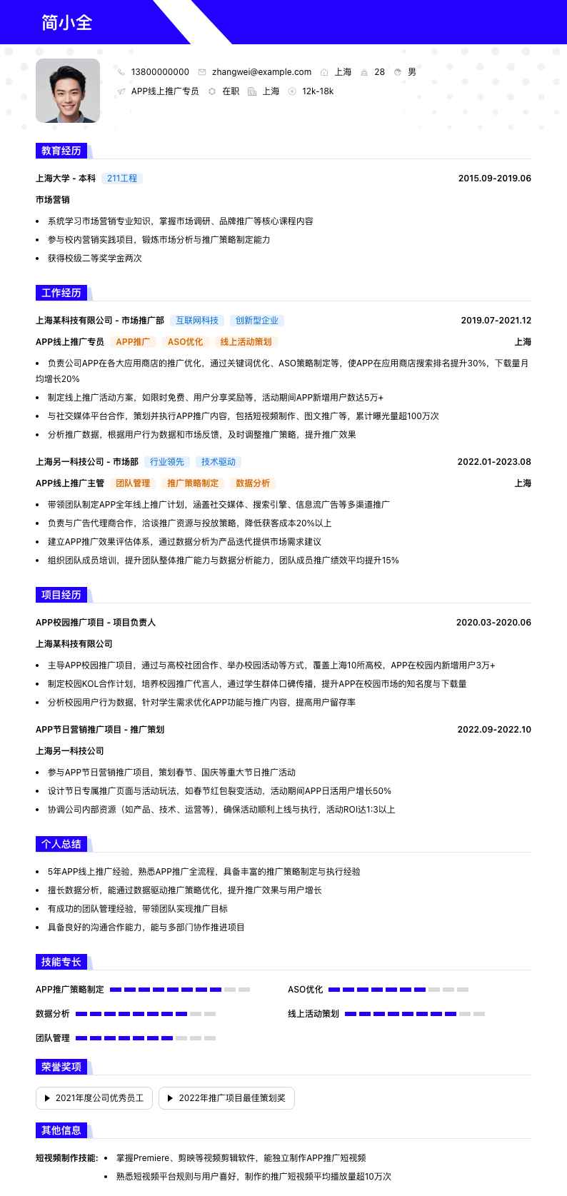 APP线上推广专员简历模板