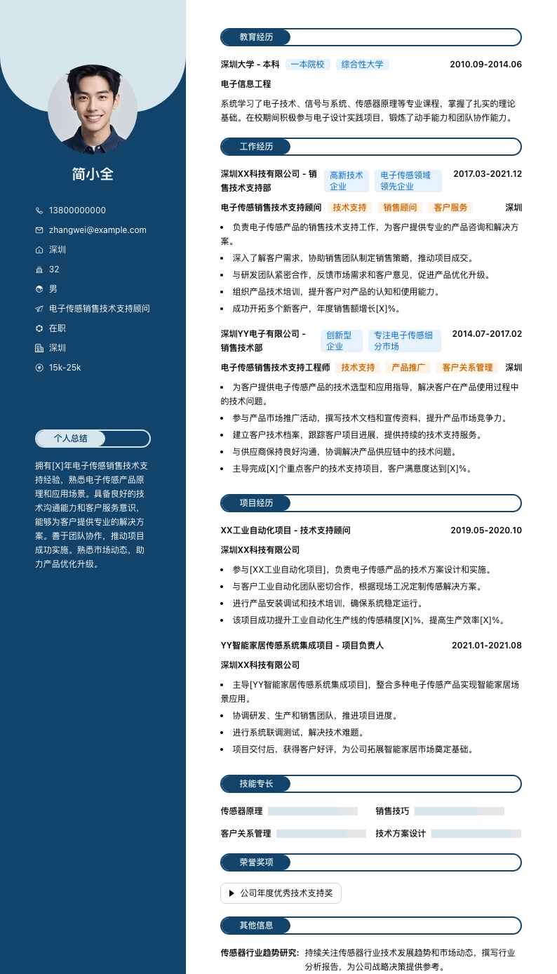 电子传感销售技术支持顾问简历模板