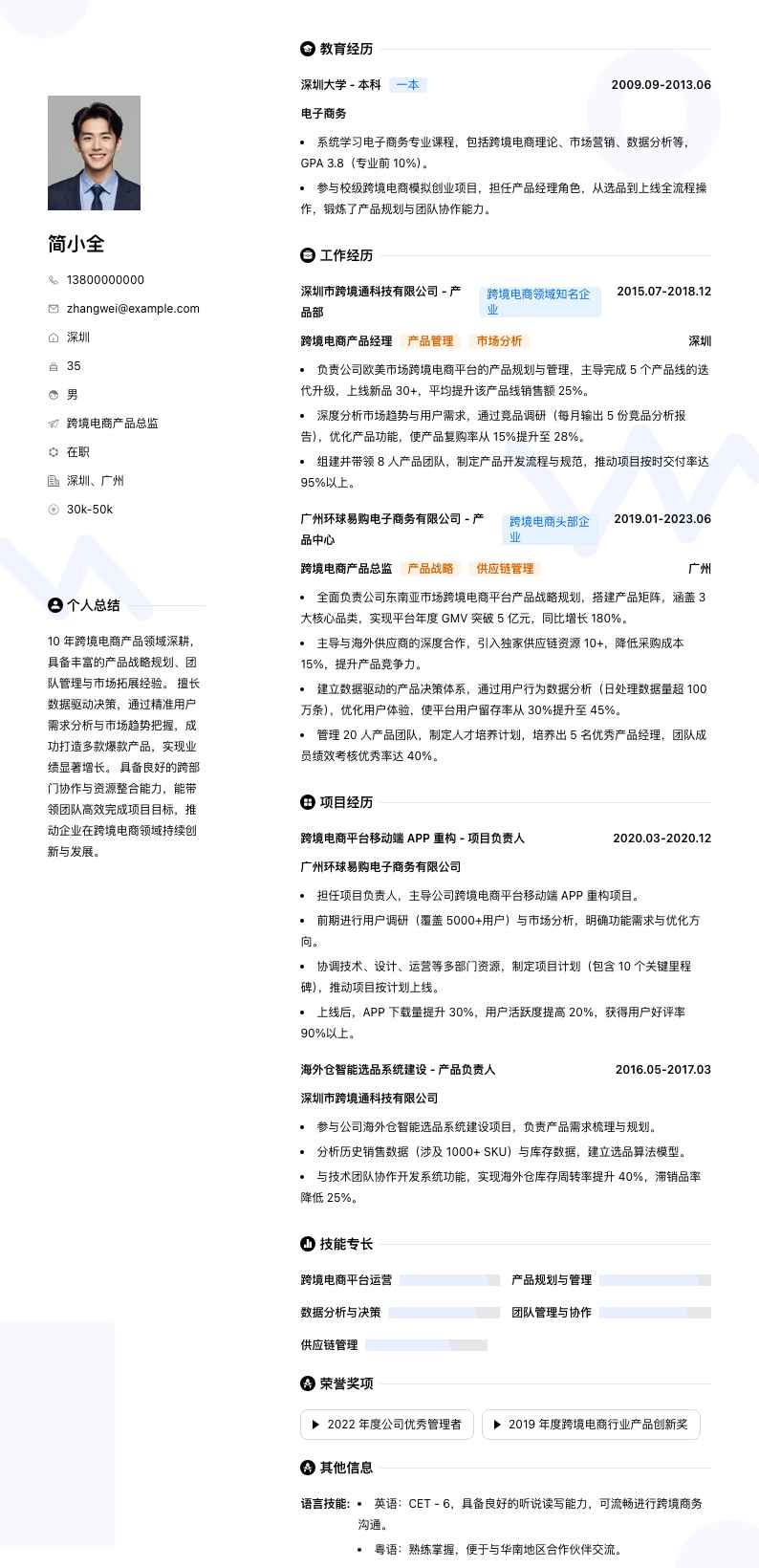 跨境电商产品总监简历模板