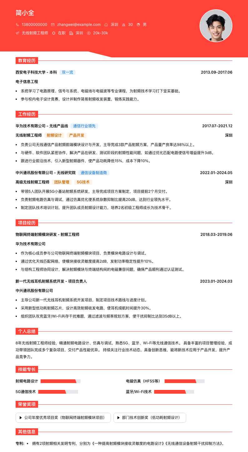 无线射频工程师简历模板
