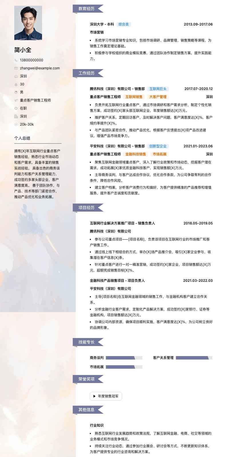 重点客户销售工程师简历模板