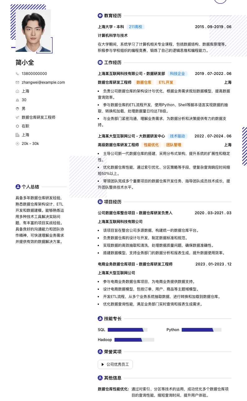 数据仓库研发工程师简历模板