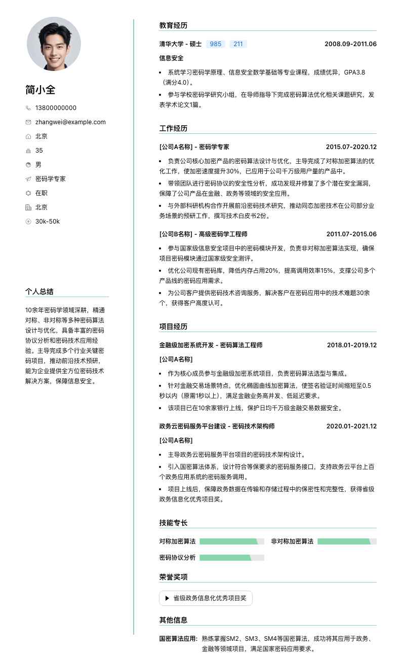 密码学专家简历模板