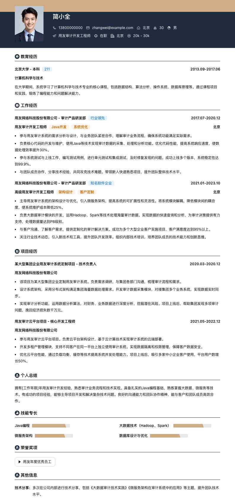 用友审计简历模板