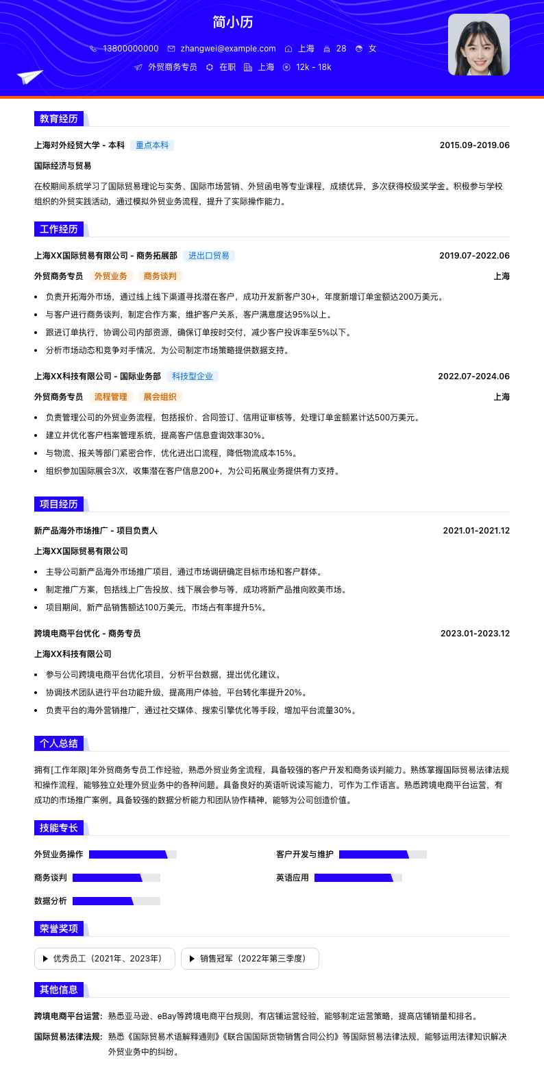 外贸商务专员简历模板