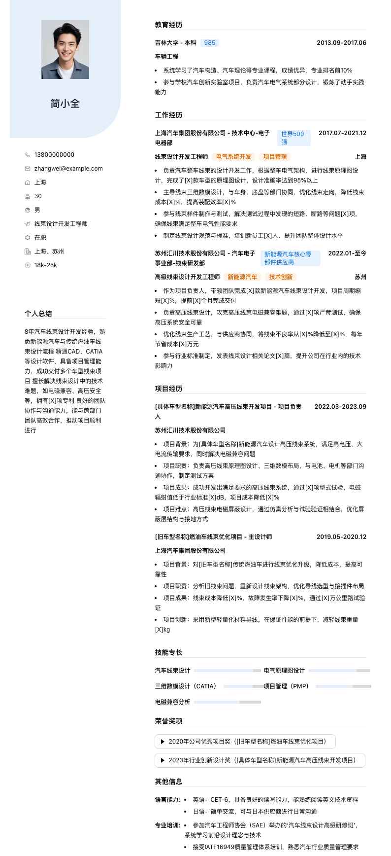 线束设计开发工程师简历模板