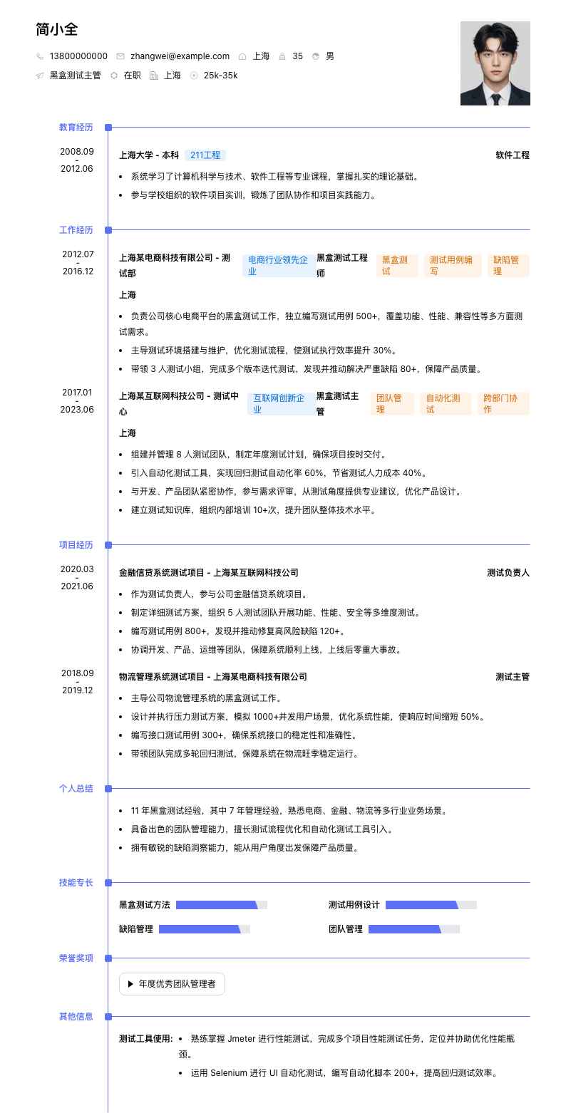 黑盒测试主管简历模板
