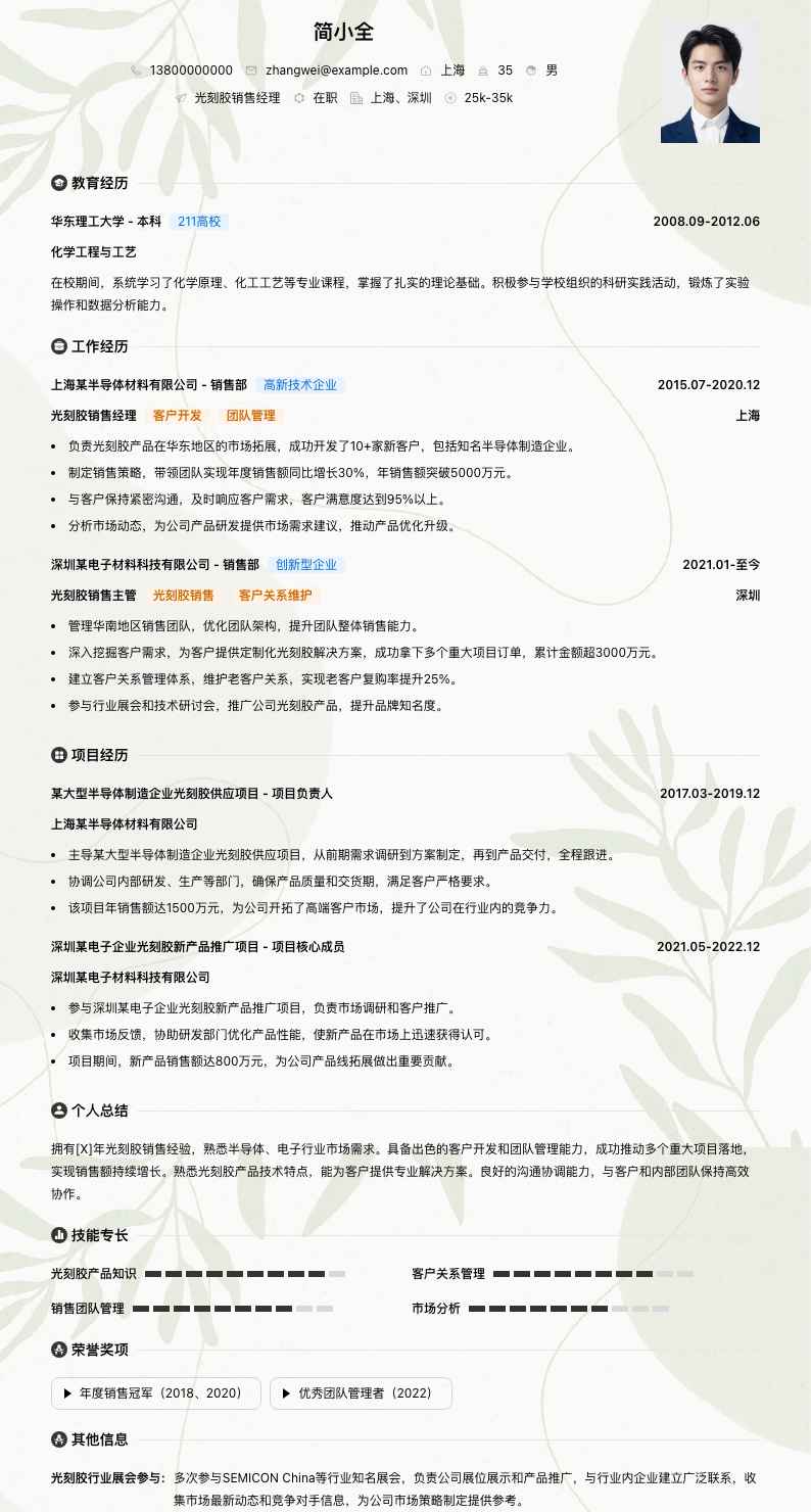 光刻胶销售经理简历模板