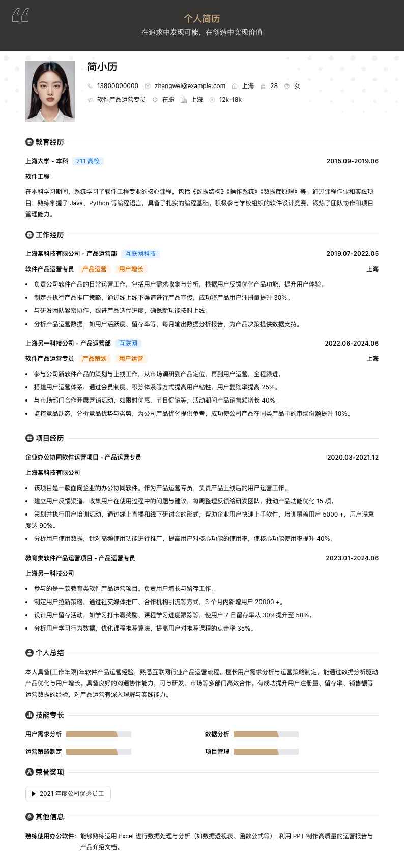 软件产品运营专员简历模板