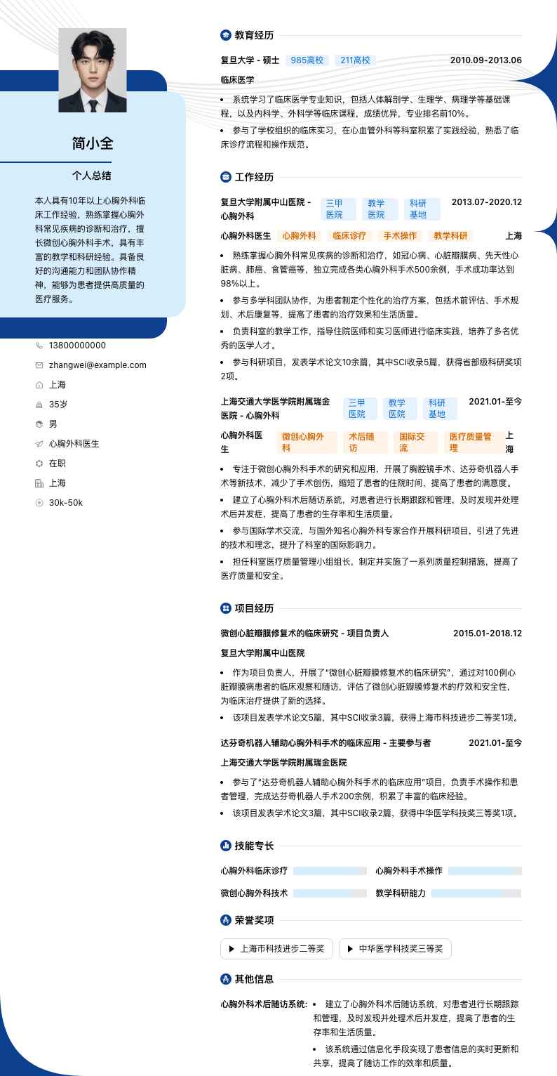 心胸外科医生简历模板