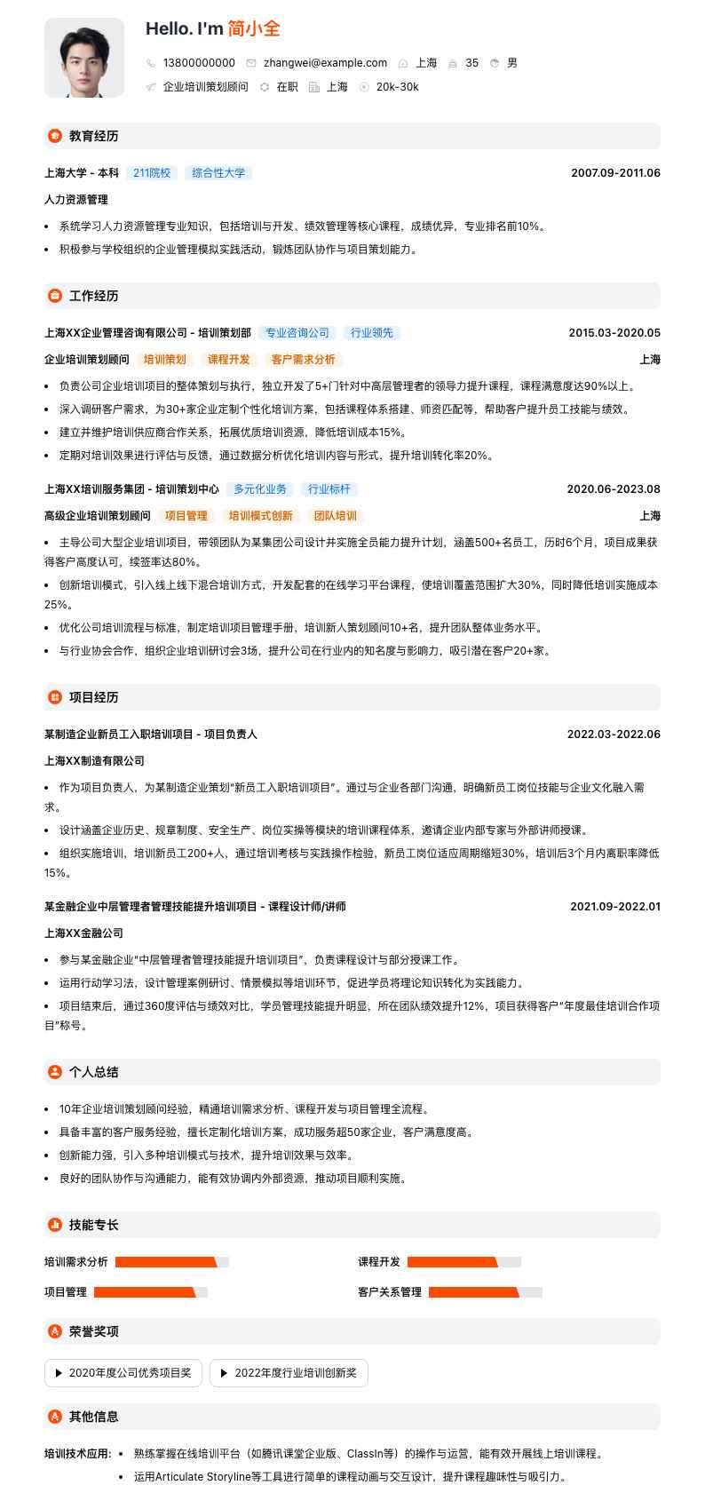 企业培训策划顾问简历模板