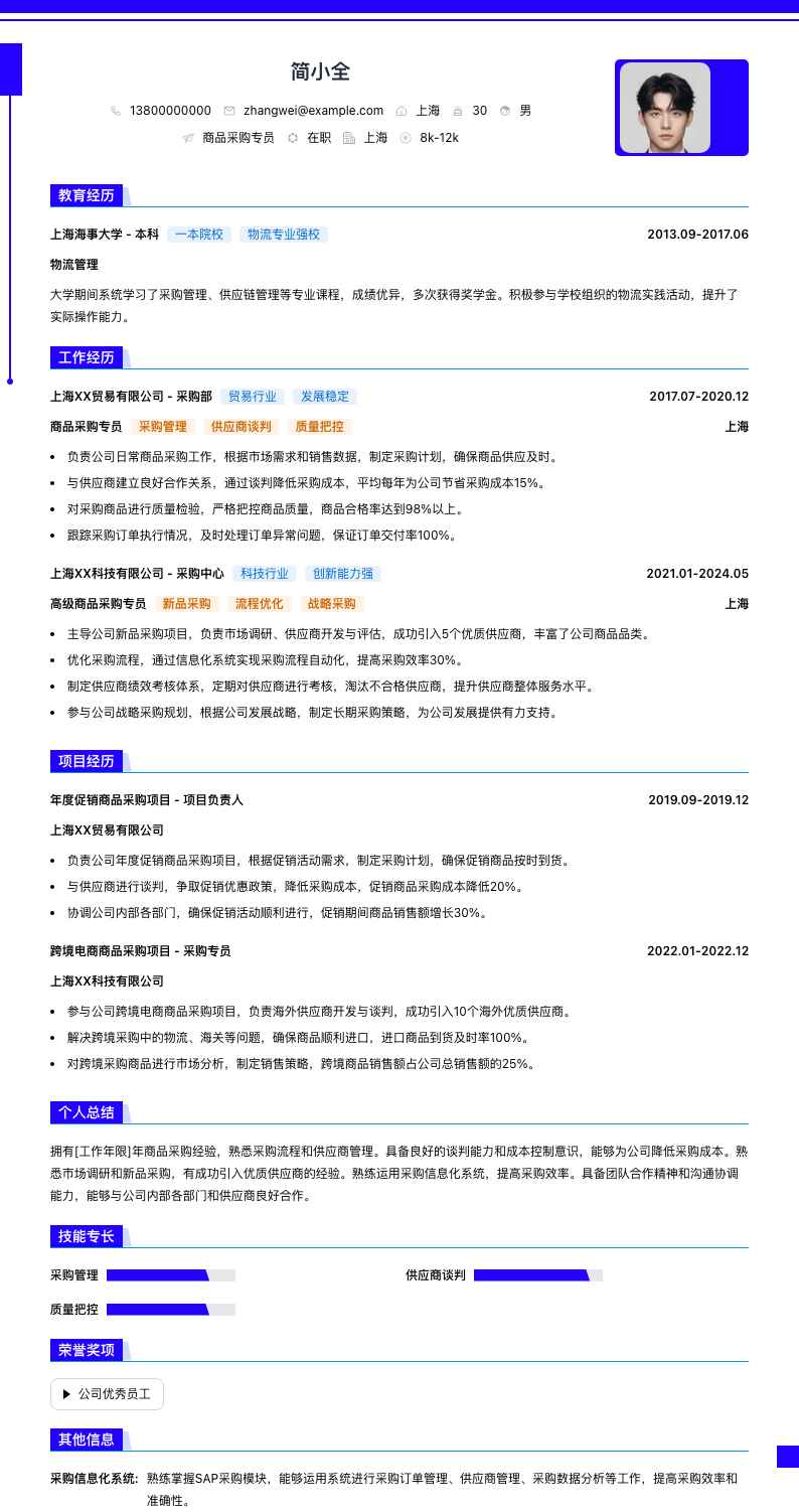商品采购专员简历模板
