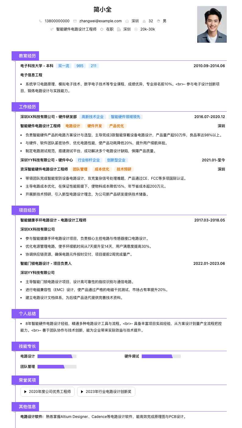 智能硬件电路设计工程师简历模板