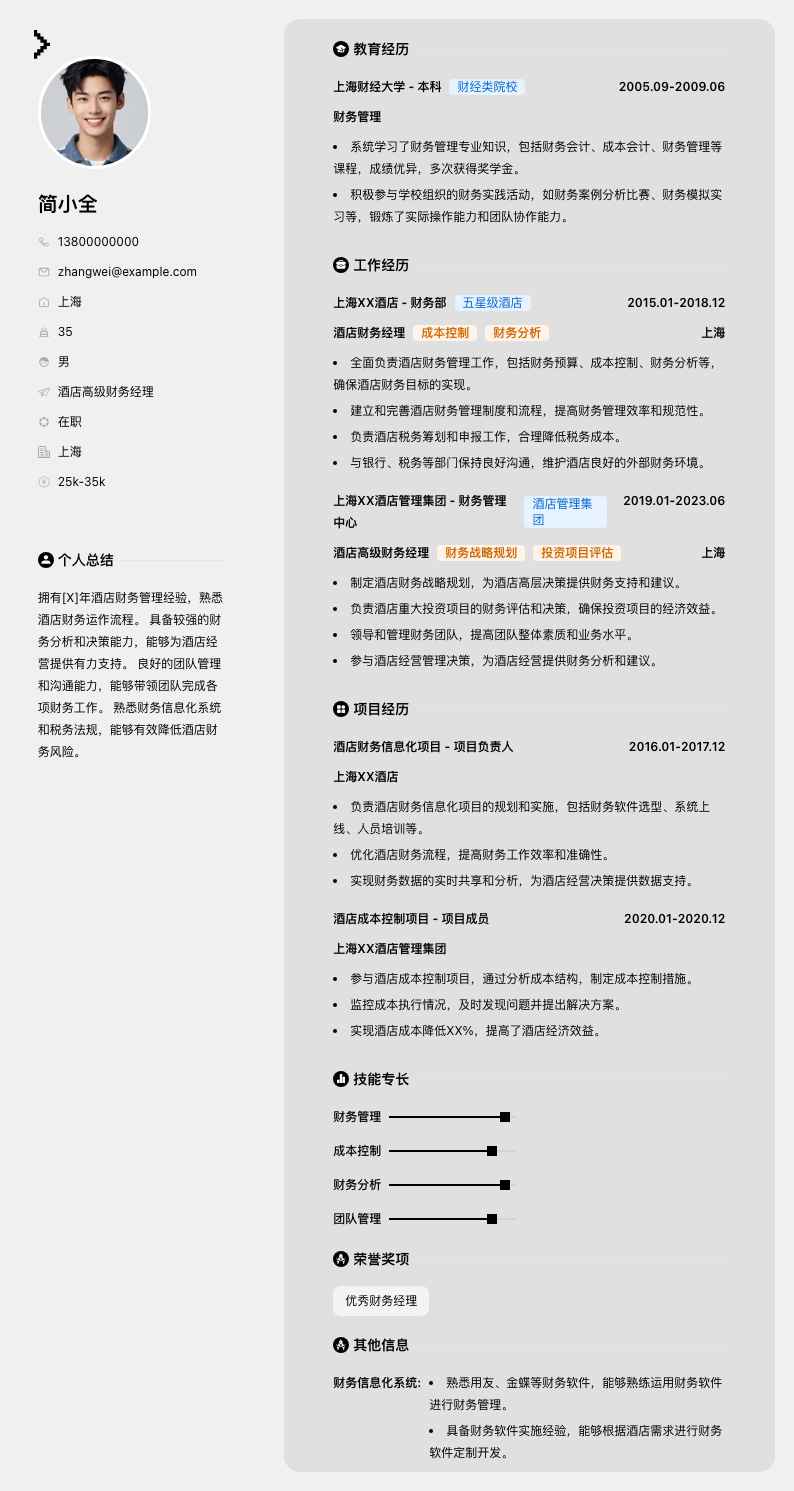 酒店高级财务经理简历模板