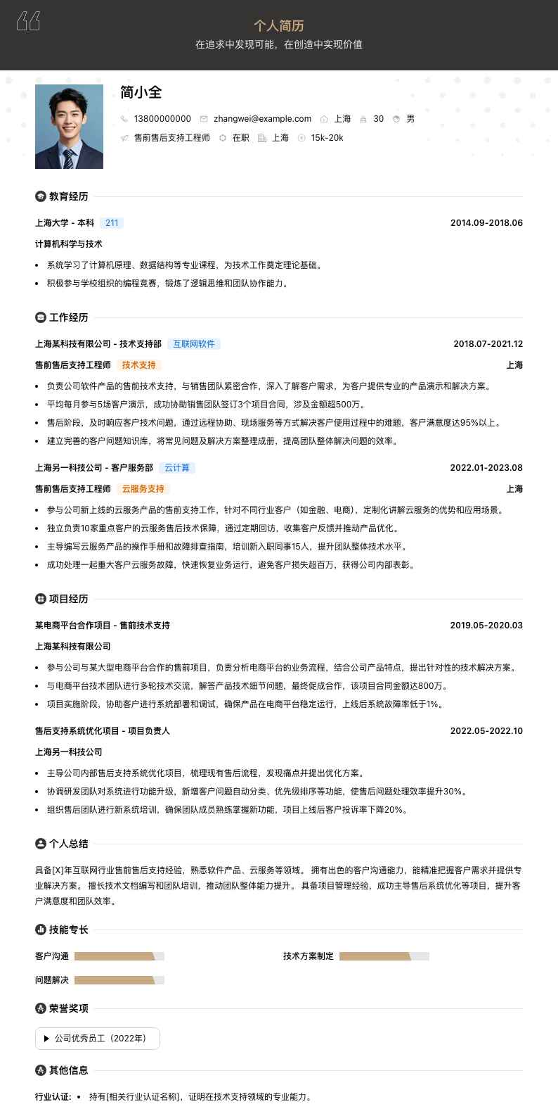 售前售后支持工程师简历模板