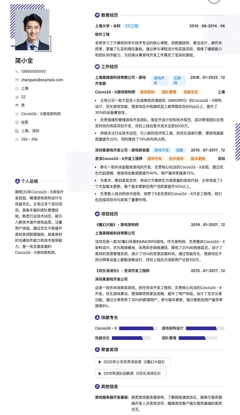 Cocos2d - X 游戏架构师简历模板