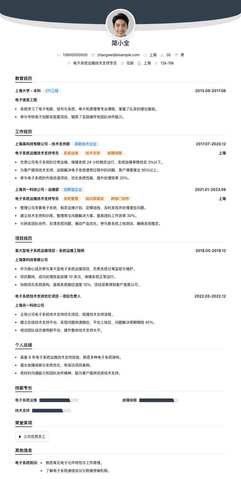 电子系统运维技术支持专员简历模板