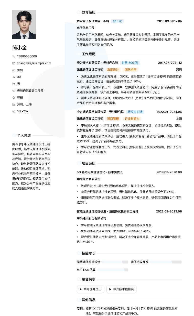 无线通信设计工程师简历模板