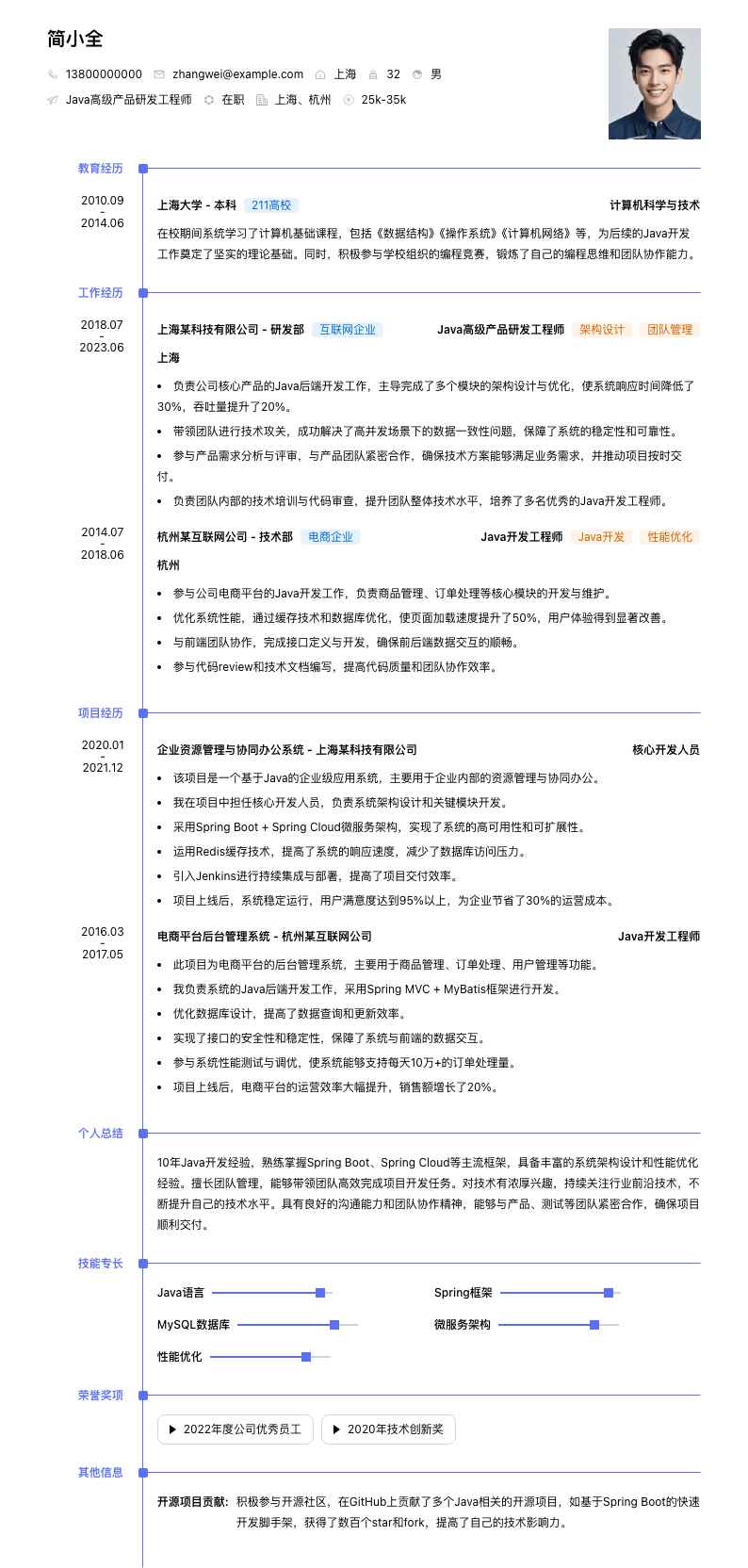 java高级产品研发工程师简历模板