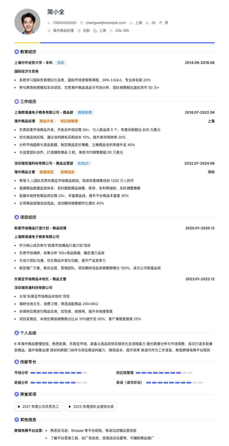 海外商品经理简历模板