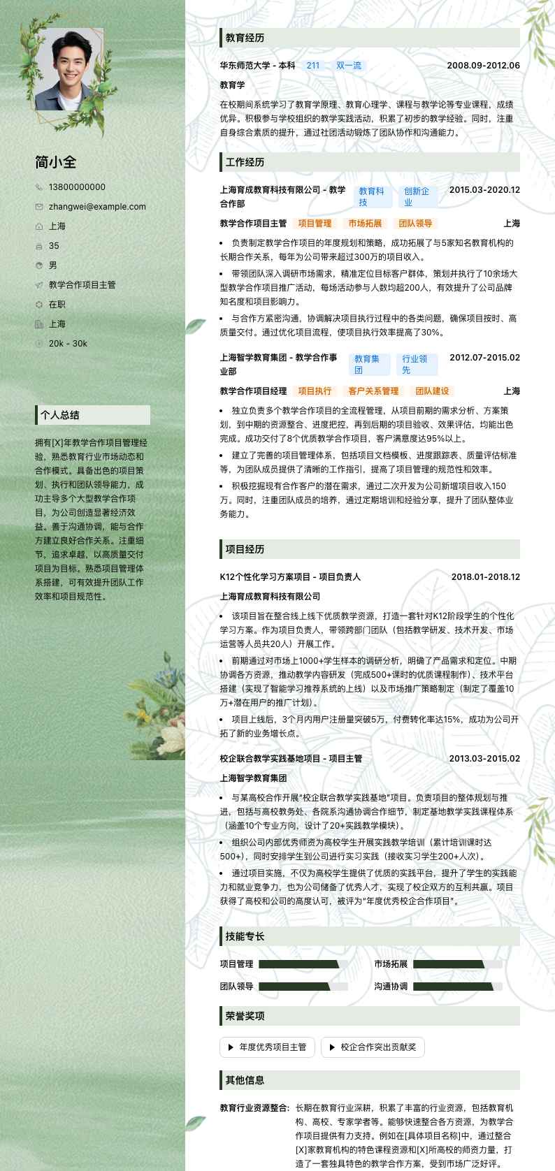 教学合作项目主管简历模板