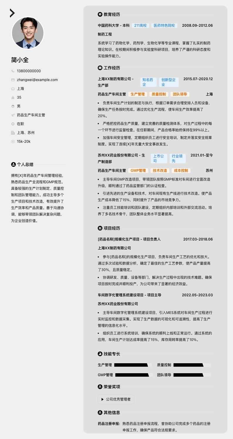 药品生产车间主管简历模板